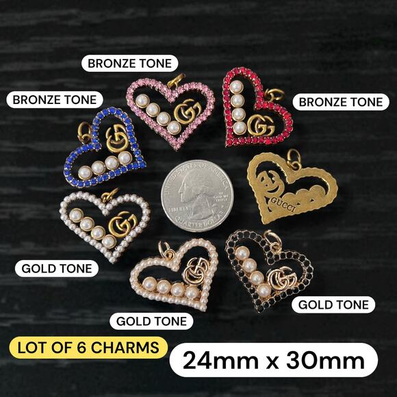 Lot of 6 GG Large Heart Zipper Pull Button Charms 24mm x 30mm - Picture 1 of 1